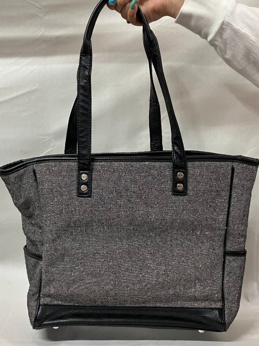 Thirty-One Tote Bag Women's Black Gray Tweed Zip Top Shoulder Adjustable Strap